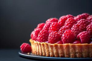 Ripe Raspberry Tart With Flaky Crust on a Dark Background photo
