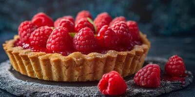 Flaky Raspberry Tart With Fresh Berries on Slate Background photo