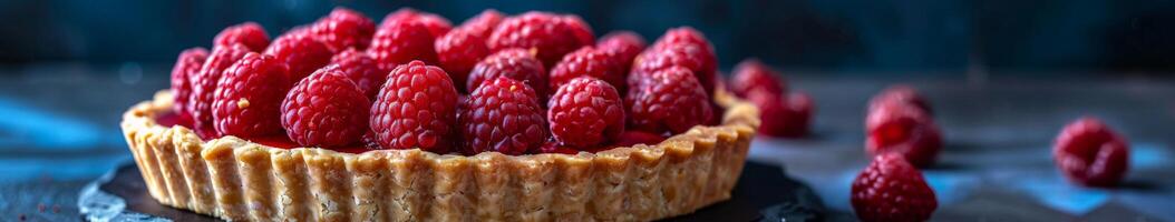 Ripe Raspberry Tart With Flaky Crust on Dark Background photo