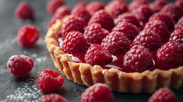 Ripe Raspberry Tart With Flaky Crust on a Dark Background photo