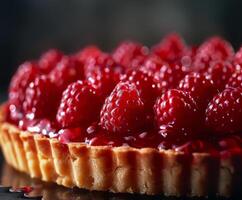 Close Up of a Fresh Raspberry Tart With Flaky Crust photo