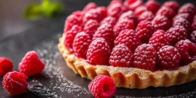 Ripe Raspberry Tart With Flaky Crust on a Dark Background photo