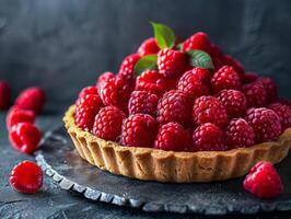 Close Up of a Raspberry Tart With Flaky Crust on a Dark Background photo