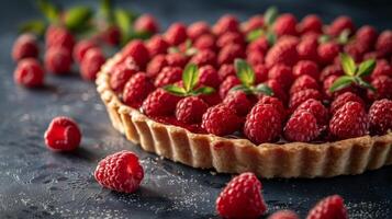 Fresh Raspberry Tart With Flaky Crust on Dark Background photo