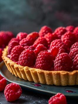Ripe Raspberry Tart With Flaky Crust on Dark Background photo