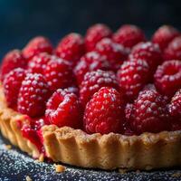 Ripe Raspberry Tart With Flaky Crust on a Dark Background photo