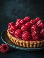 Ripe Raspberry Tart on a Dark Background photo
