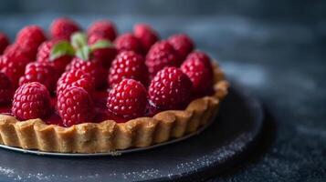 Close-Up of a Ripe Raspberry Tart With Flaky Crust photo