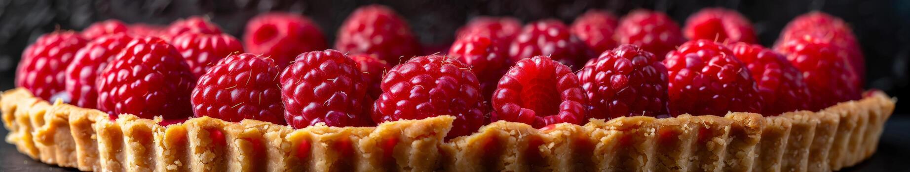 Ripe Raspberry Tart With Flaky Crust on a Dark Background photo