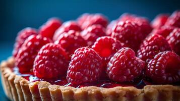 Ripe Raspberry Tart With Flaky Crust on a Blue Background photo