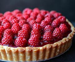 Ripe Raspberry Tart With Flaky Crust on a Dark Background photo