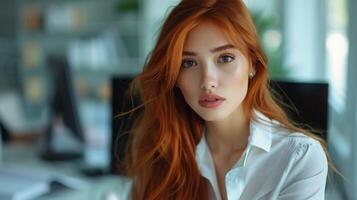 Portrait of a Woman With Long Red Hair in an Office Setting photo