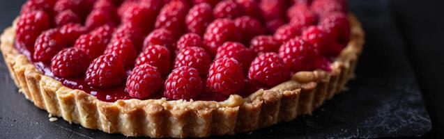 Ripe Raspberry Tart With Flaky Crust on Dark Background photo