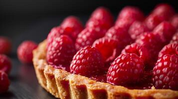 Closeup of Ripe Raspberry Tart With Flaky Crust on Dark Background photo