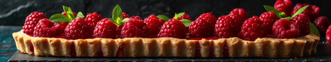 Ripe Raspberry Tart With Flaky Crust on Black Background photo