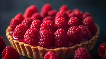 Ripe Raspberry Tart With Flaky Crust on Dark Background photo