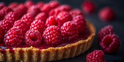 Close Up of Raspberry Tart on Dark Background photo