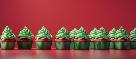 Festive cupcakes row smooth frosting red green colors, minimalistic Christmas style. New Year. photo