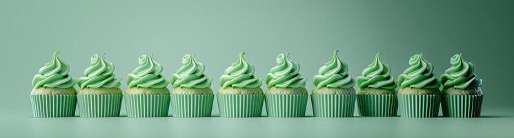 Green festive cupcakes lined row smooth green simple green pattern in green colors, minimalistic photo