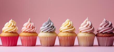 Colorful festive cupcakes lined row smooth colorful simple pink pattern colorful, minimalistic photo