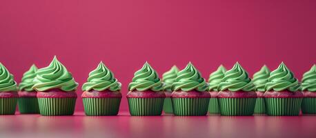 Festive cupcakes row smooth frosting red green colors, minimalistic Christmas style. New Year. photo