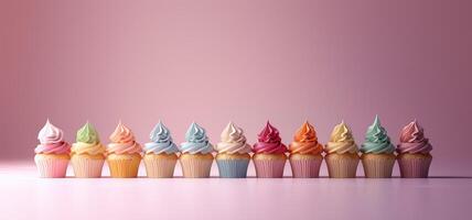 Colorful festive cupcakes lined row smooth colorful simple pink pattern colorful, minimalistic photo