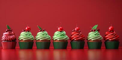 Festive cupcakes row smooth frosting red green colors, minimalistic Christmas style. New Year. photo