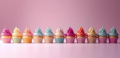 Colorful festive cupcakes lined row smooth colorful simple pink pattern colorful, minimalistic photo
