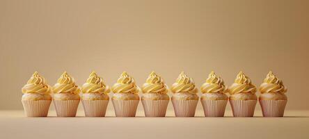 Yellow festive cupcakes lined row smooth emerald simple green pattern yellow colors, minimalistic photo