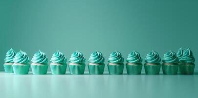 Green festive cupcakes lined row smooth emerald simple green pattern in green colors, minimalistic photo