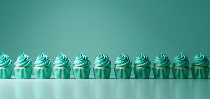 Green festive cupcakes lined row smooth emerald simple green pattern in green colors, minimalistic photo