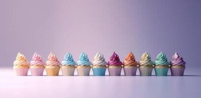 Colorful festive cupcakes lined row smooth colorful simple pink pattern colorful, minimalistic photo