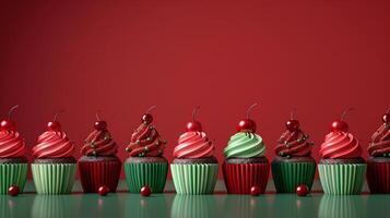 Festive cupcakes row smooth frosting red green colors, minimalistic Christmas style. New Year. photo