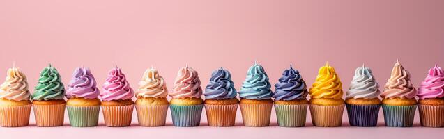 Colorful festive cupcakes lined row smooth colorful simple pink pattern colorful, minimalistic photo
