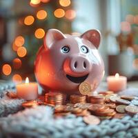 Single piggy bank on burlap cloth surrounded by an abundance of coins, with warm bokeh background photo