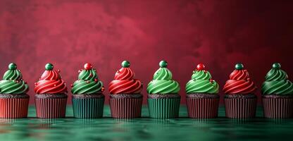 Festive cupcakes row smooth frosting red green colors, minimalistic Christmas style. New Year. photo