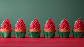 Festive cupcakes row smooth frosting red green colors, minimalistic Christmas style. New Year. photo