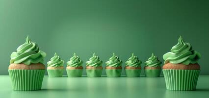 Green festive cupcakes lined row smooth green simple green pattern in green colors, minimalistic photo