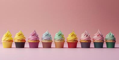 Colorful festive cupcakes lined row smooth colorful simple pink pattern colorful, minimalistic photo