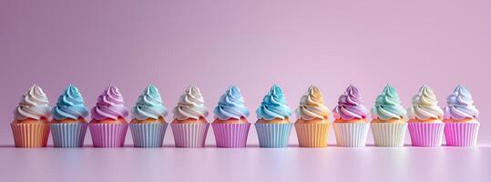 Colorful festive cupcakes lined row smooth colorful simple pink pattern colorful, minimalistic photo