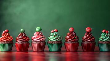 Festive cupcakes row smooth frosting red green colors, minimalistic Christmas style. New Year. photo