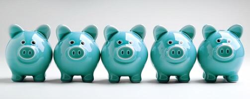 Row identical green piggy banks lined up white background symbolizes uniformity of savings photo