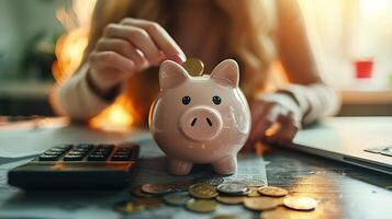 Woman at table, throwing coins into piggy bank, financial documents calculator beside them photo