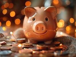 Single piggy bank on burlap cloth surrounded by an abundance of coins, with warm bokeh background photo