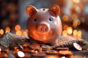 Single piggy bank on burlap cloth surrounded by an abundance of coins, with warm bokeh background photo