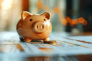 Single piggy bank on table cloth surrounded by an abundance of coins, with warm bokeh background photo