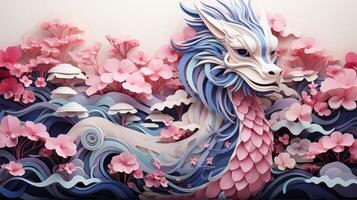 Sakura dragon paper art 3d rendering image. Delicate pink blossoms mythical creature background wallpaper colorful realistic. Japanese tradition concept idea, backdrop horizontal photo