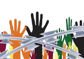 Many multi colored hands reaching up behind barbed wire vector