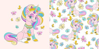 Unicorn with butterflies illustration and seamless pattern set vector