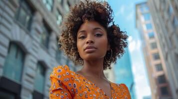 Young black woman with curly hair wears stylish orange dress and poses in front of an urban backdrop photo